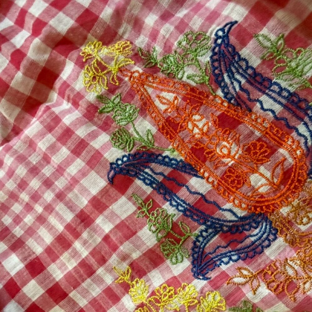 Red & White Sheer Button-Up men’s Shirt by Alpana Bawa with Embroidery - Picture 4 of 7